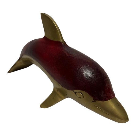 Brass and Leather Mid-Century Modern VTG Dolphin Figurine Paperweight